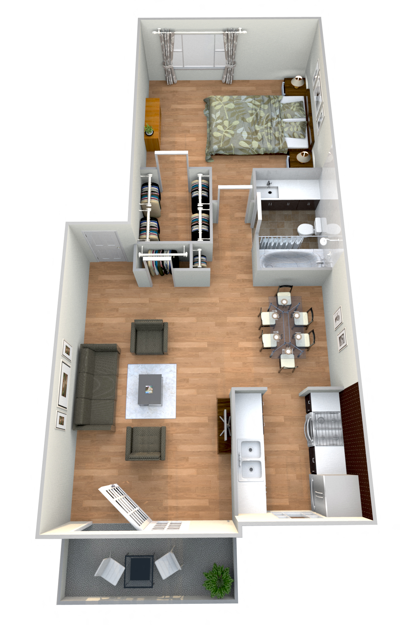 Floor plan for 1 bed, 1 bath, 672 sqft